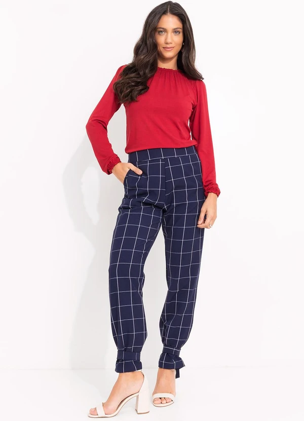 Quintess - Calça Cigarrete Xadrez Grid Azul com Elástico e Detalhe na Barra 3