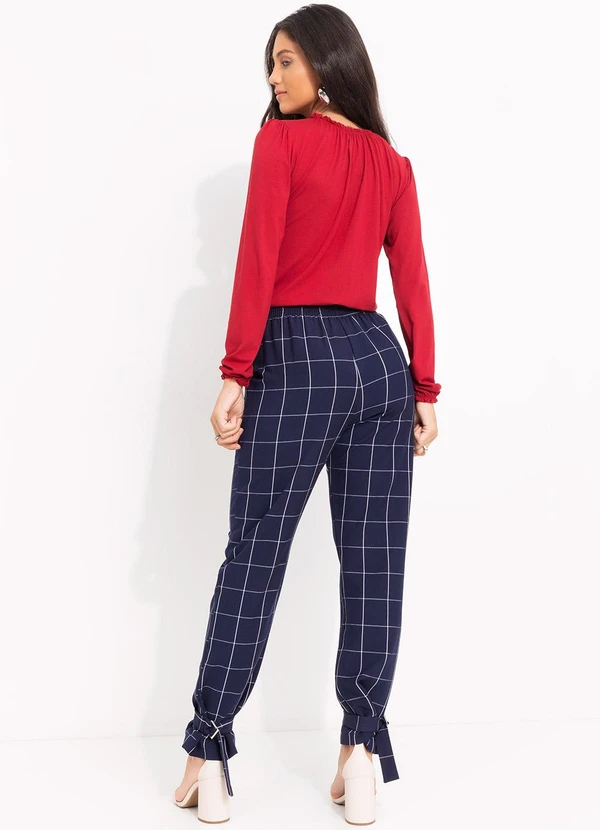 Quintess - Calça Cigarrete Xadrez Grid Azul com Elástico e Detalhe na Barra 4