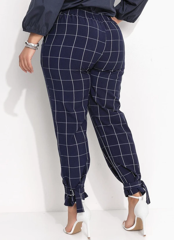 Quintess - Calça Cigarrete Xadrez Grid Azul com Elástico e Detalhe na Barra 8