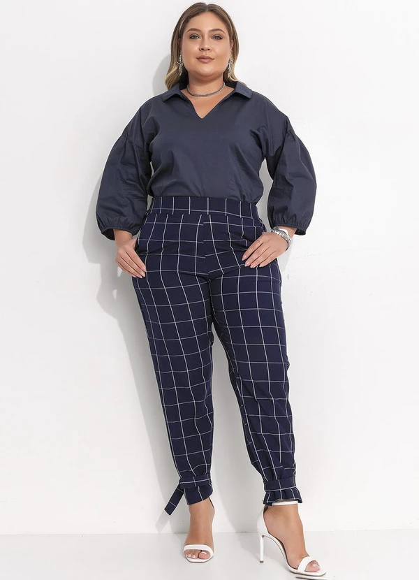 Quintess - Calça Cigarrete Xadrez Grid Azul com Elástico e Detalhe na Barra 9