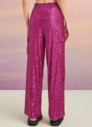 Authoria - Calça Cargo Fúcsia de Paetê Rosa - AUTHORIA