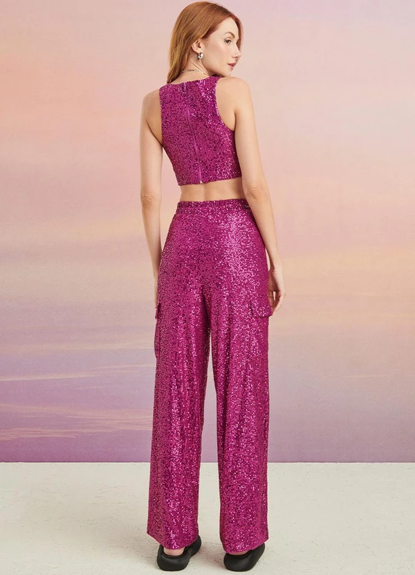 Authoria - Calça Cargo Fúcsia de Paetê Rosa 4