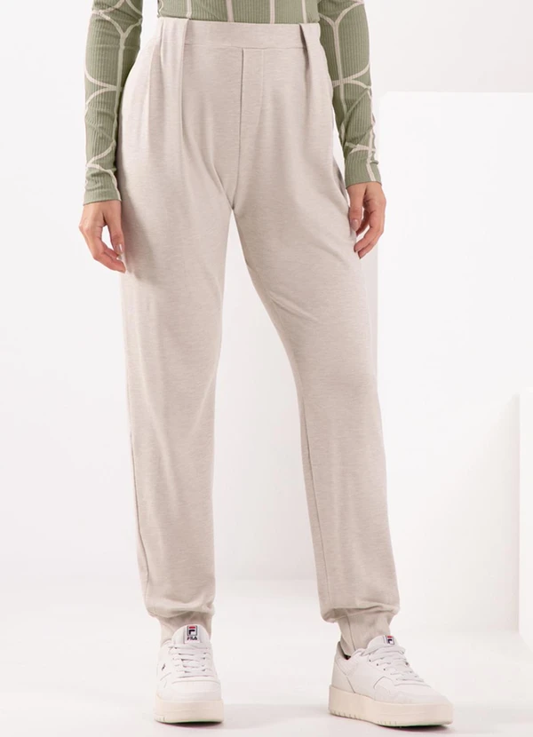 Lunender - Calça com Barras Ajustadas em Moletom Bege