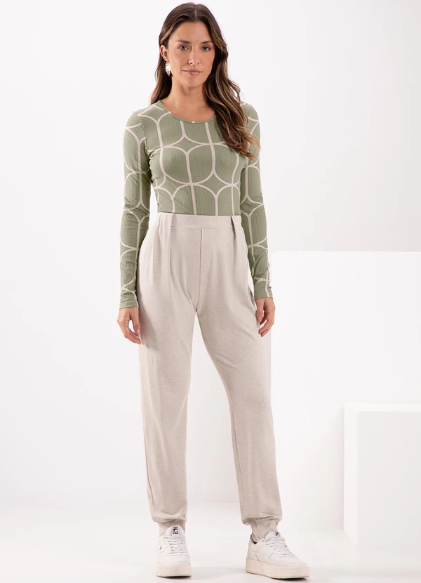 Lunender - Calça com Barras Ajustadas em Moletom Bege 3