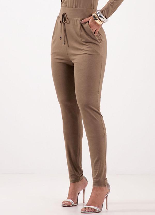 Lunender - Calça com Bolsos e Cadarço em Moletom Marrom