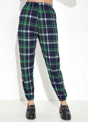 Moda Pop - Calça com Elástico na Cintura Xadrez Marinho - MODA POP