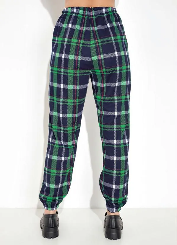 Moda Pop - Calça com Elástico na Cintura Xadrez Marinho 2