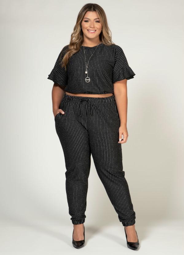 Quintess - Calça com Fios Metalizados Prata Preta 10