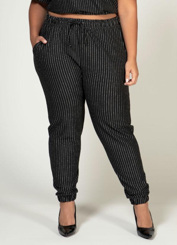 Quintess - Calça com Fios Metalizados Prata Preta 8