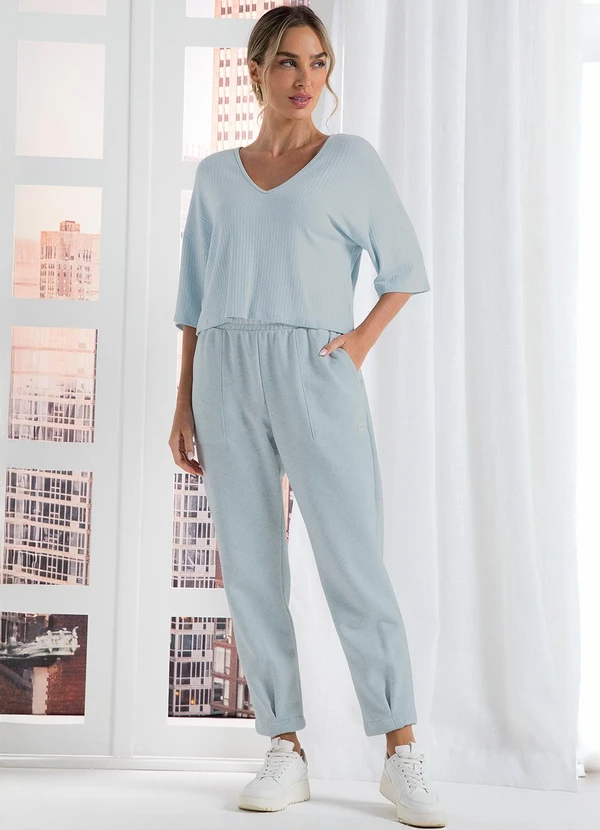 Marialícia - Calça Comfy Feminina Moletom com Linho Azul 2