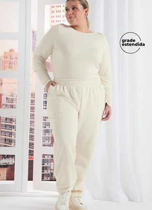 Marialícia - Calça Comfy Feminina Moletom com Linho Bege - MARIALÍCIA