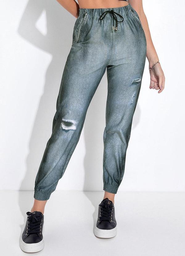 Jancris - Calça Estampa Jeans Preto em Malha de Poliéster