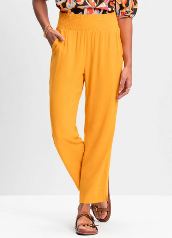 Essendi - Calça Feminina em Recido Creponado Amarelo 1