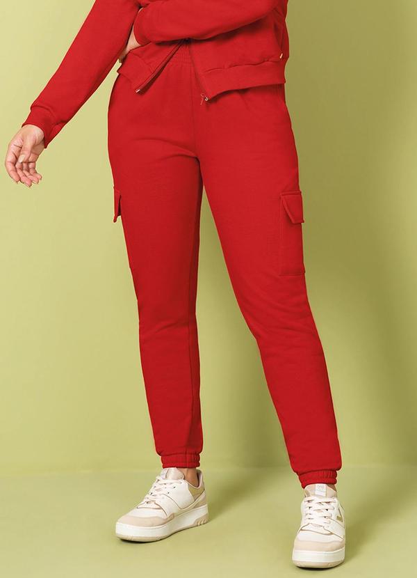 Cativa - Calça Feminina Estilo Cargo em Moletom Vermelho