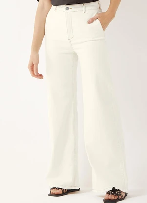 Marialícia - Calça Feminina Sarja Wide Leg Bolsos Bege - MARIALÍCIA