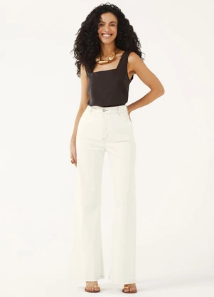 Marialícia - Calça Feminina Sarja Wide Leg Bolsos Bege - MARIALÍCIA