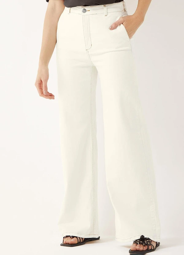 Marialícia - Calça Feminina Sarja Wide Leg Bolsos Bege