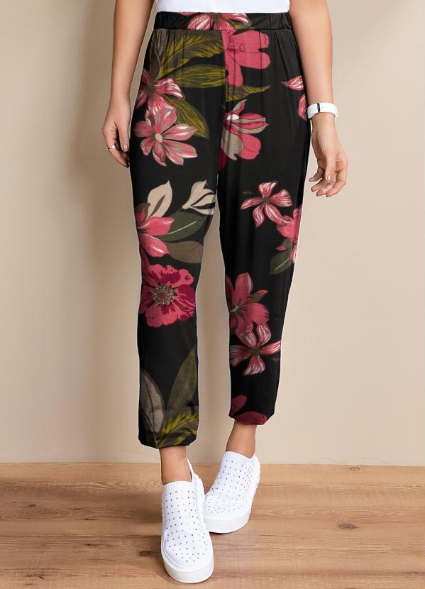 Quintess - Calça Floral Rosa Soltinha com Pregas