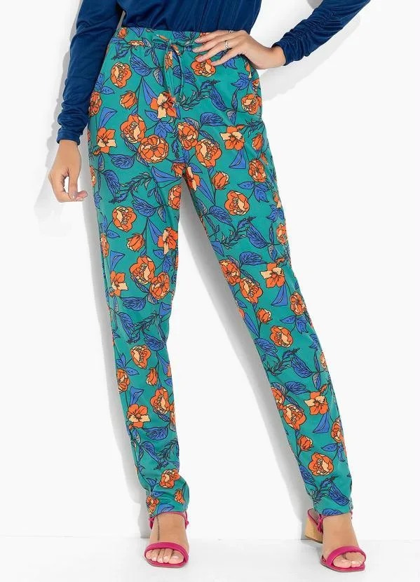 Moda Pop - Calça Floral Verde com Bolsos e Amarração