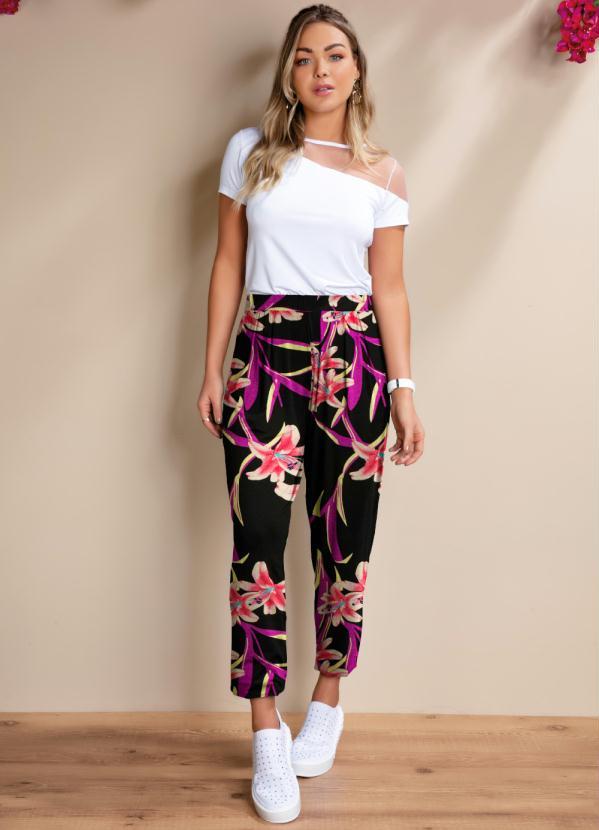 Quintess - Calça Flores Vermelhas Soltinha com Pregas 3