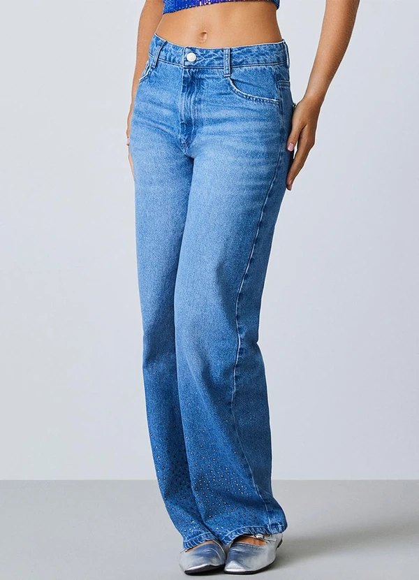 Authoria - Calça Jeans com Aplicação de Strass Azul