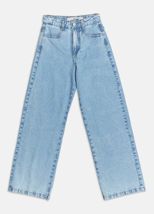 Authoria - Calça Jeans Wide com Strass de Coração  Azul - AUTHORIA