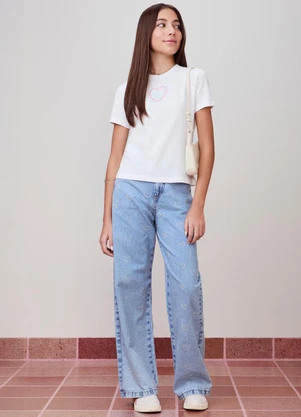 Authoria - Calça Jeans Wide com Strass de Coração  Azul - AUTHORIA