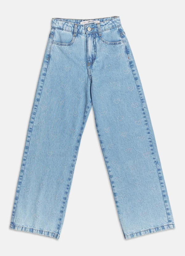 Authoria - Calça Jeans Wide com Strass de Coração Azul