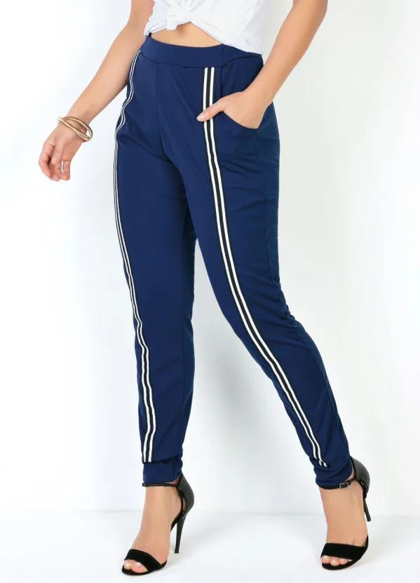 Moda Pop - Calça Jogger Marinho com Faixas na Frente