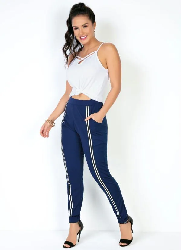 Moda Pop - Calça Jogger Marinho com Faixas na Frente 5