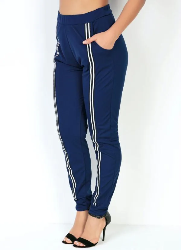 Moda Pop - Calça Jogger Marinho com Faixas na Frente 4