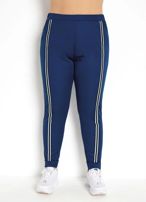 Moda Pop - Calça Jogger Marinho com Faixas na Frente