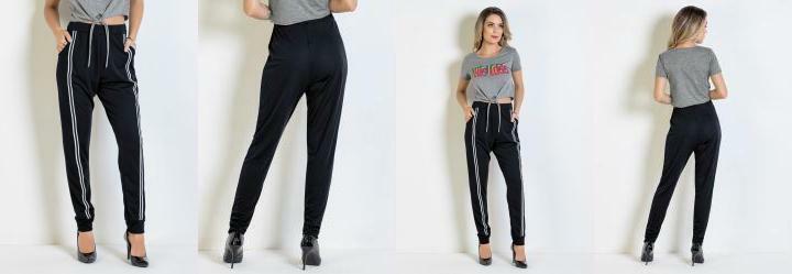 Cala Jogger Preta com Faixas na Frente
