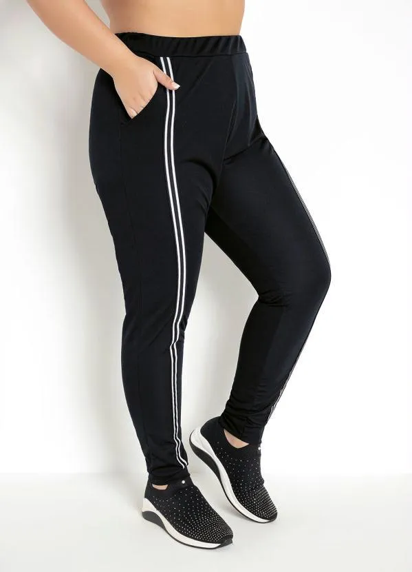 Moda Pop - Calça Jogger Preta com Faixas na Frente 10