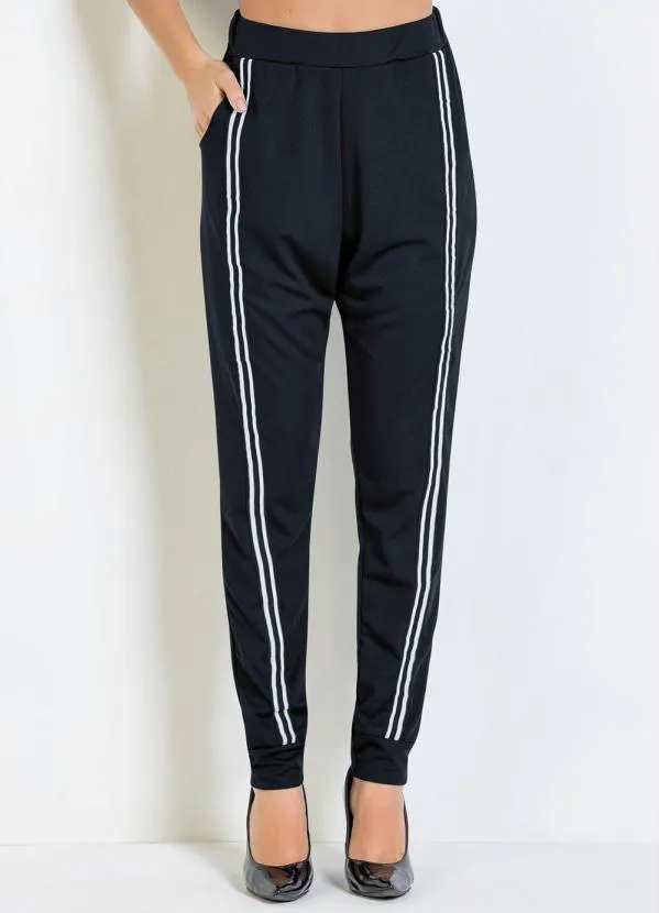Moda Pop - Calça Jogger Preta com Faixas na Frente 5