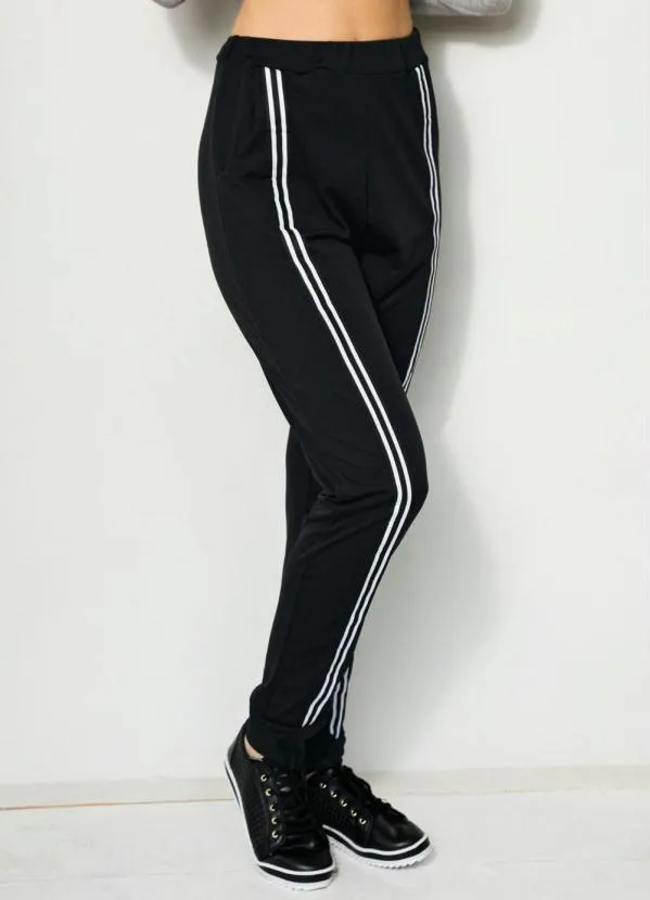 Moda Pop - Calça Jogger Preta com Faixas na Frente 6