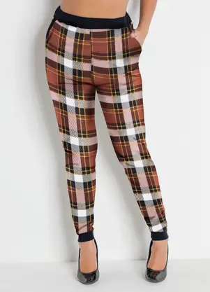 Moda Pop - Calça Jogger Xadrez Marrom com Bolsos Funcionais - MODA POP