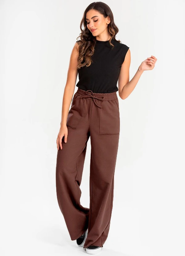 Meu Jeans - Calça Moletinho Wide Leg Val Marrom 3