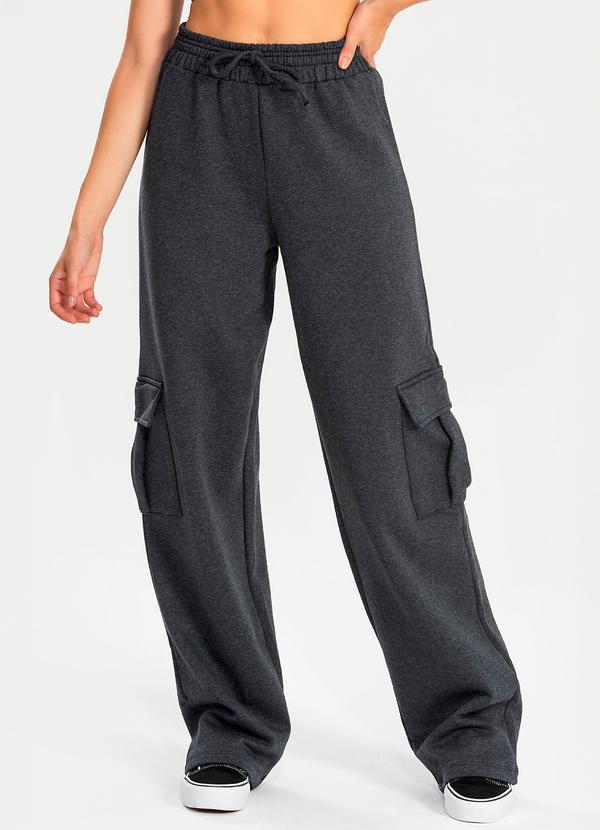 Meu Jeans - Calça Moletom Reta Cargo Mescla Escuro