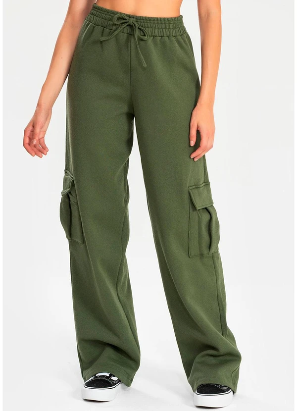 Meu Jeans - Calça Moletom Reta Cargo Verde Militar
