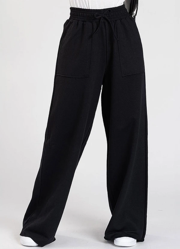 Meu Jeans - Calça Moletom sem Pelúcia Wide Leg Val Preto