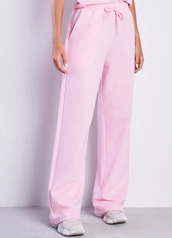 Meu Jeans - Calça Moletom sem Pelúcia Wide Leg Val Rosa