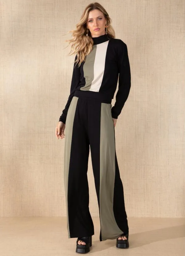 Quintess - Calça Preta/Verde Soltinha com Recortes 3