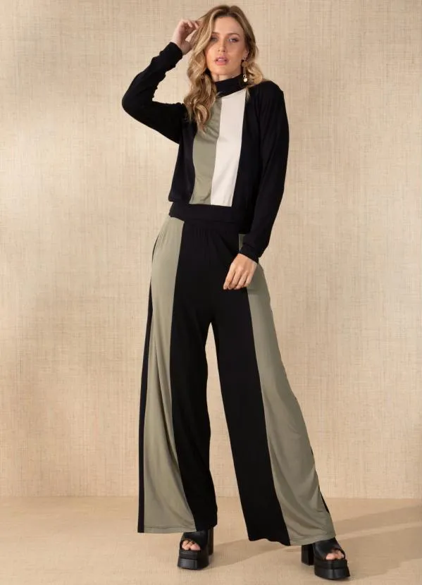 Quintess - Calça Preta/Verde Soltinha com Recortes 5