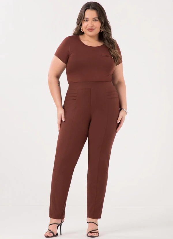 Lunender Mais Mulher - Calça Reta com Cós Elástico Diagonal Marrom 2