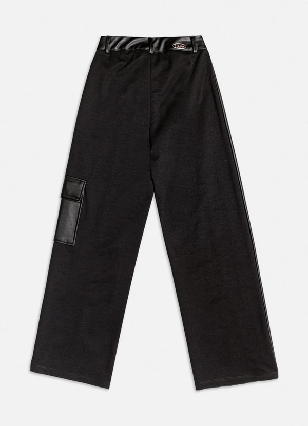 Authoria - Calça Wide Cargo de Fake Leather Preto 2