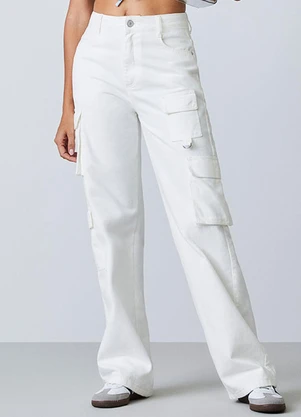 Authoria - Calça Wide Cargo em Sarja Off White - AUTHORIA