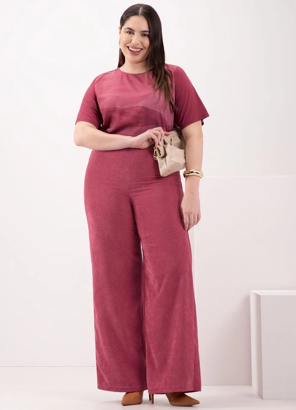 Lunender Mais Mulher - Calça Wide Leg em Tecido de Veludo Vermelho 3