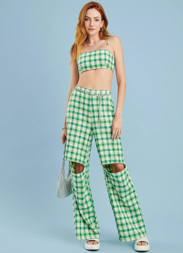 Authoria - Calça Xadrez com Pedraria Verde 3