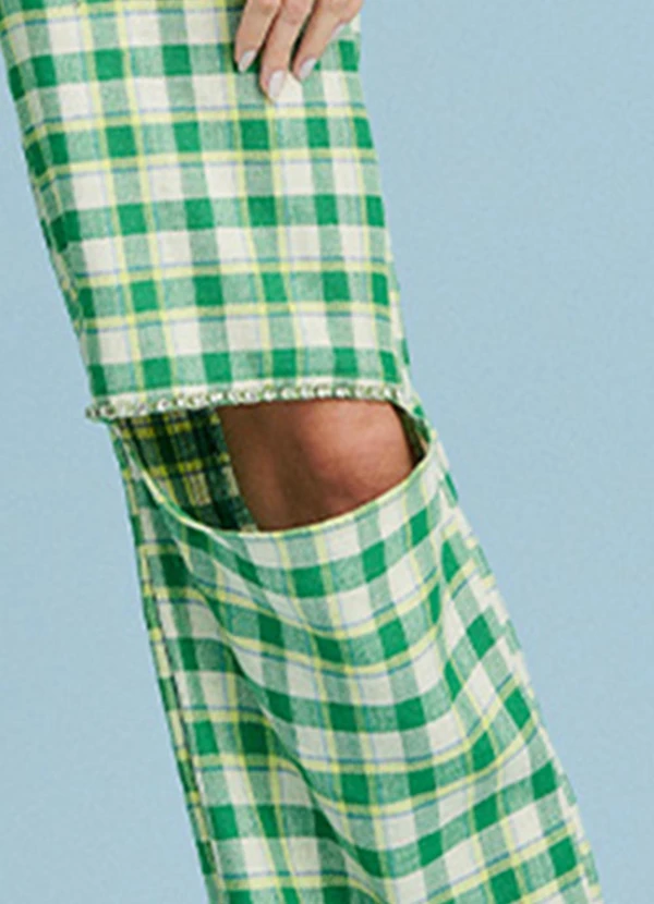 Calça Xadrez com Pedraria Verde TexBrands